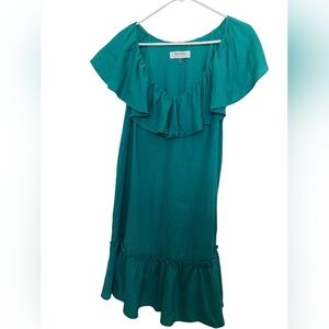 Trina Turk Out Of Office 100% Linen Green Dress Shoulder Ruffle midi Large
